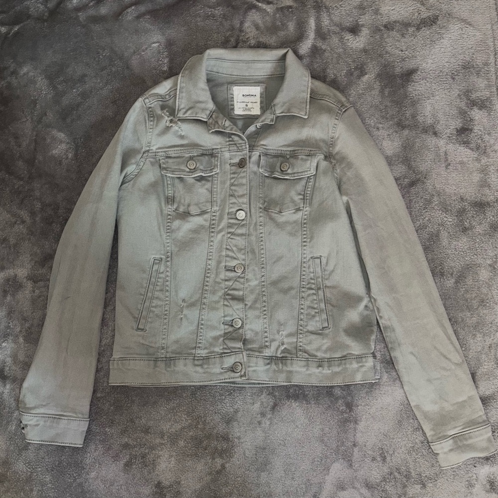 Sonoma Everyday Jacket Size Small – Sage Green/Gray Stretch Denim Distressed